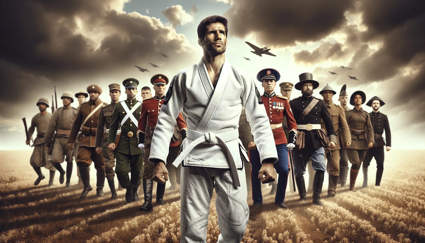 A man in a white Brazilian Jiu Jitsu gi with a white belt, standing confidently like a general. He is leading a diverse group of troops, who are dressed in various historical military uniforms, representing different eras and cultures. The troops are looking inspired and motivated, following the man. The setting is an open field, suggesting the beginning of an epic battle. The sky is dramatic, with clouds parting to let the sun shine through, casting a heroic light on the scene.