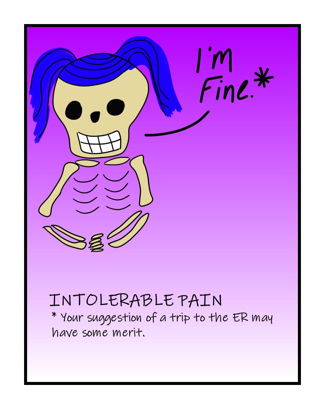 "I'm fine." INTOLERABLE PAIN (Translation: "Your suggestion of a trip to the ER may have some merit."