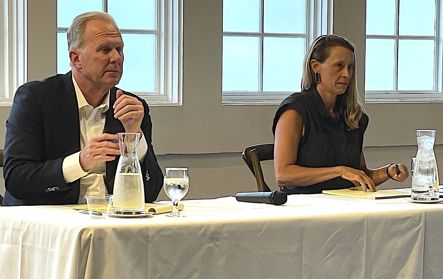 Former San Diego Mayor Kevin Faulconer, left, and San Diego County Supervisor Terra Lawson-Remer engaged in the District 3 candidate’s forum on Monday at the Carlsbad Windmill. Steve Puterski image