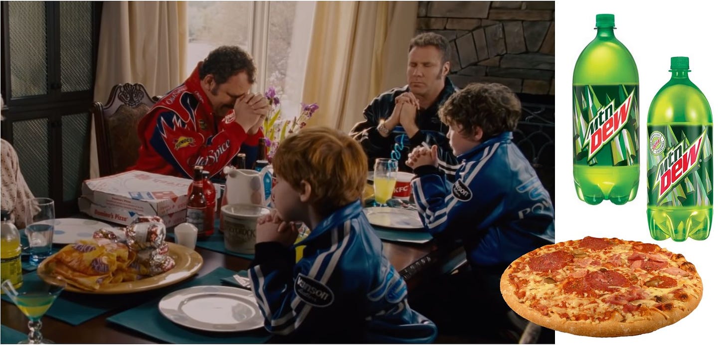 A screenshot of the movie Talladega Nights with 2 bottles of Mountain Dew soda and a pizza