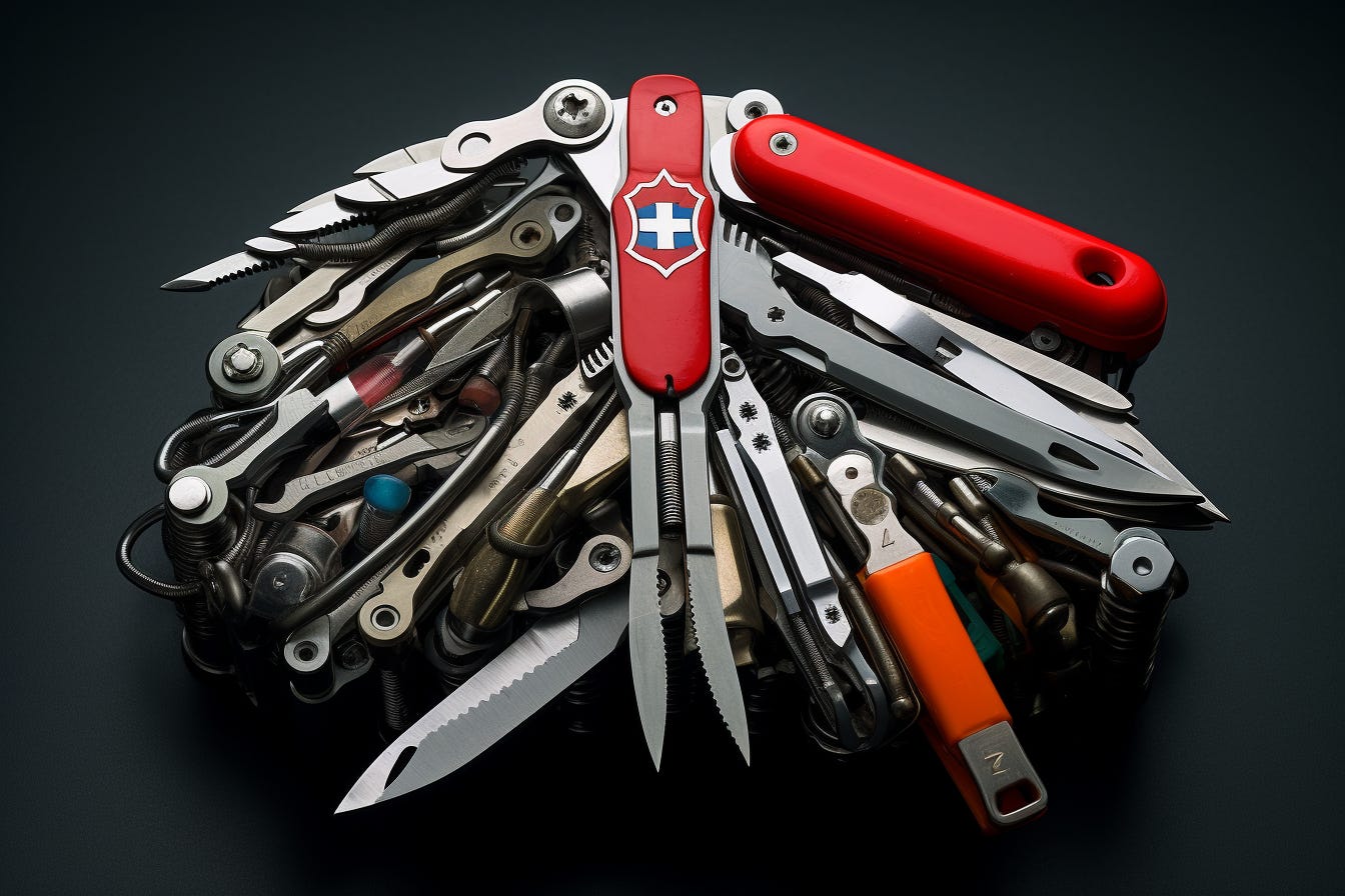 Swiss Army Knife with way too many tools popping out of it