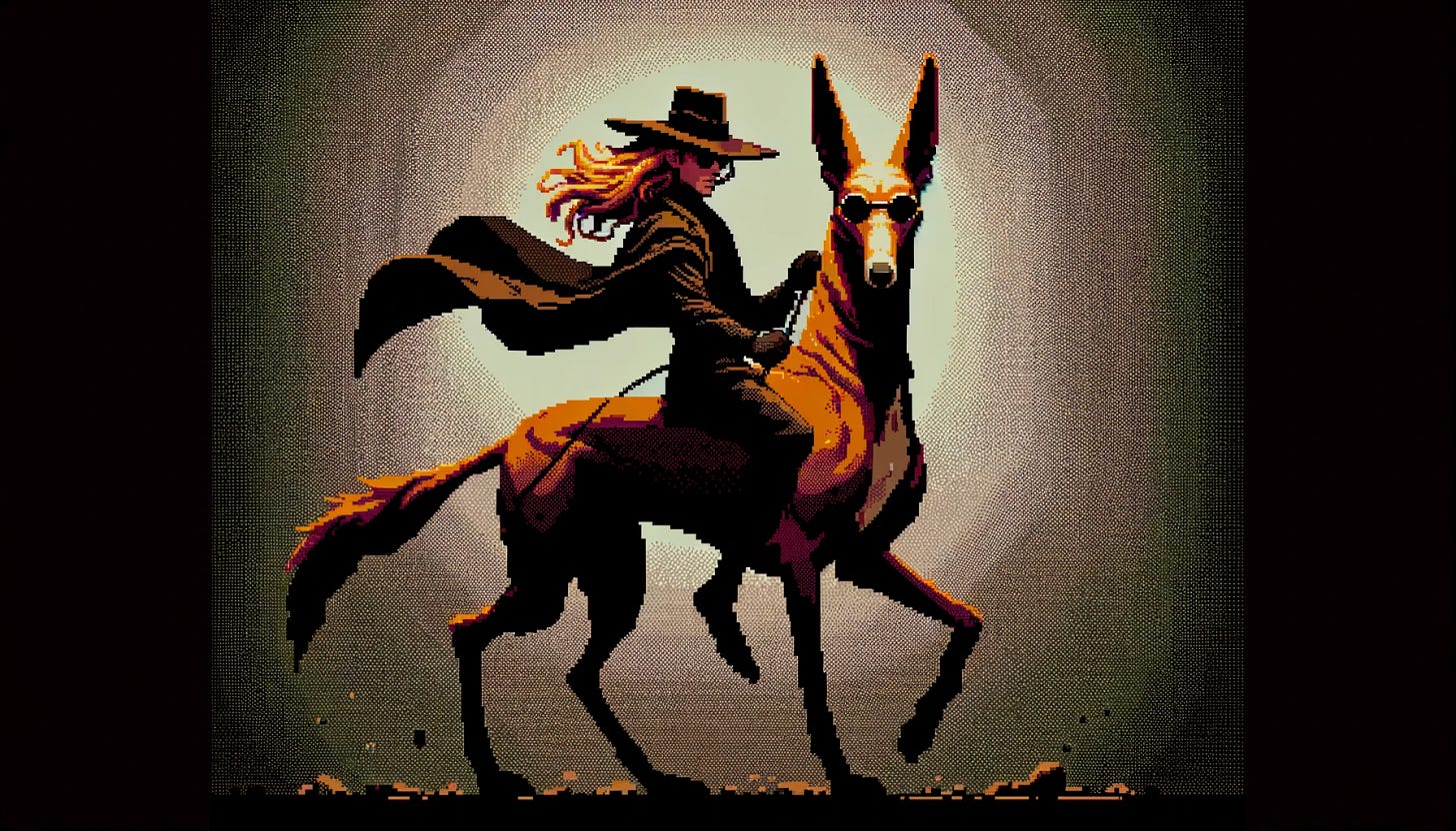 Reimagine the scene with the lithe red-blonde long-haired man in a wide-brimmed hat and sunglasses, riding atop a giant Cirneco dell'Etna dog, as a darker, more noir-themed 8-bit video game cutscene. This version should emphasize the moody, atmospheric qualities typical of noir, with stark contrasts, shadowy silhouettes, and a limited, darker color palette. The 8-bit style should simplify the details into pixel art, capturing the essence of the scene and characters in a retro gaming aesthetic. Ensure the Cirneco dell'Etna's distinctive slender build, large upright ears, and reddish-tan coat are clearly represented, even in this stylized form, to maintain its breed accuracy within the fantastical noir setting.