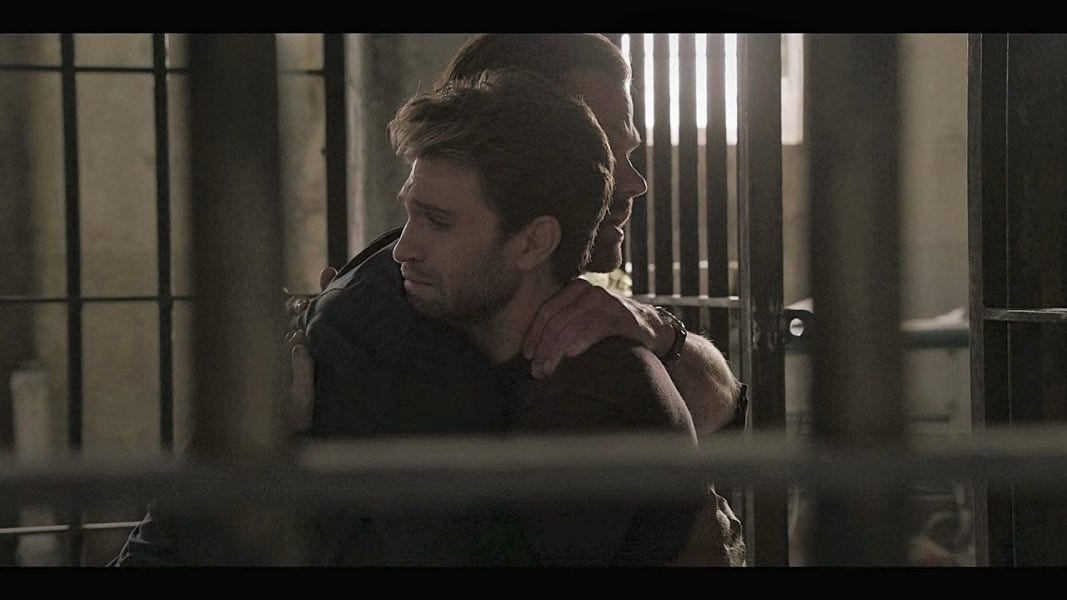 Jared Padalecki and Keegan Allen embracing in hot sexy prison scene on Walker 3.06.