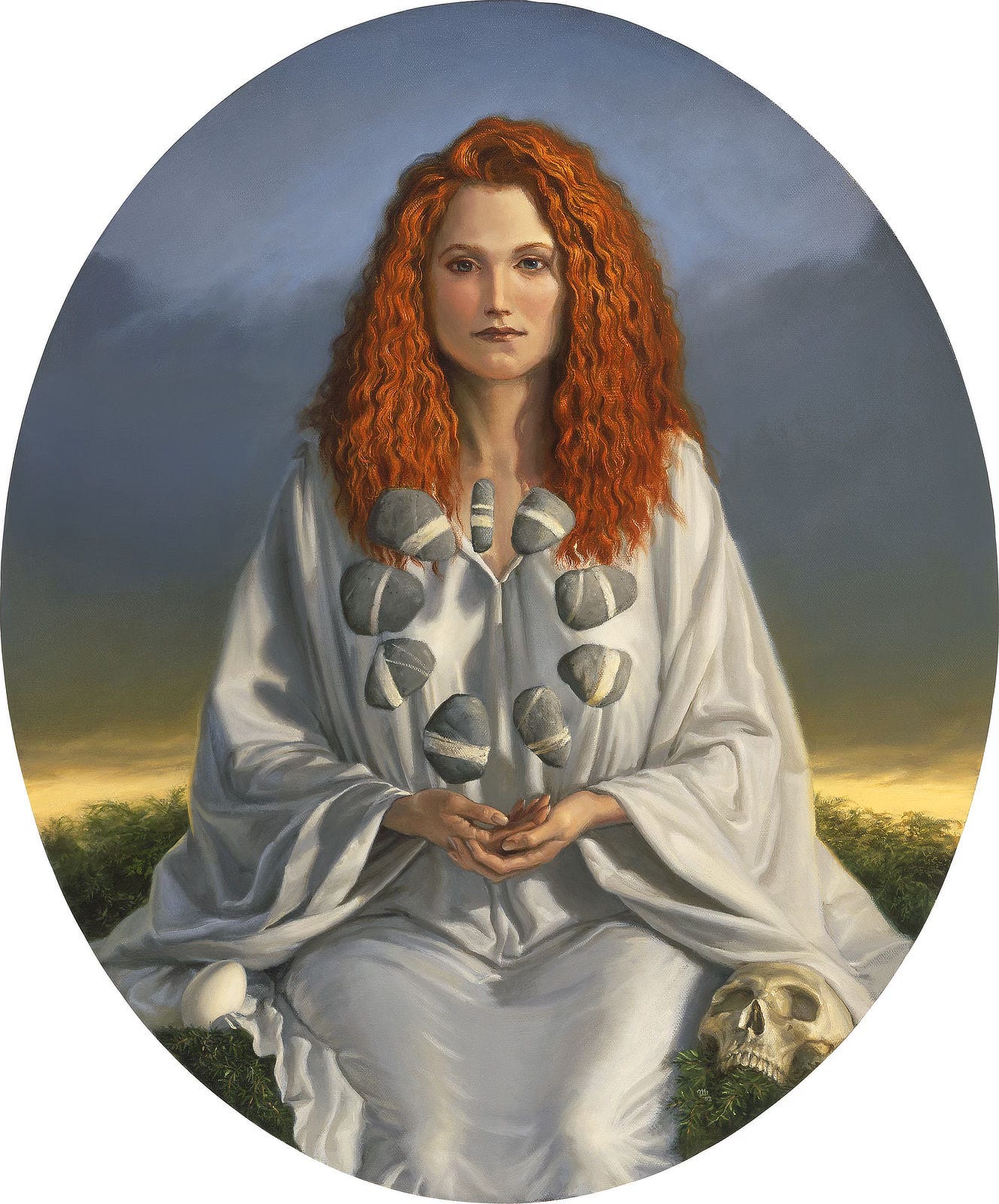 Framed in tight focus on an oval canvas, a redheaded woman in white satin robes sits on the leafy bed of a treetop. Expressionless, she gazes at the audience with her palms gently cupped in front of her. Above her hands hovers a circle of smooth river rock balanced in their varying sizes and shapes. Curving lines of differing weights mark the gray surface of stone implying an inner circle among them. In the foliage next to her, the top half of a human skull rests with orbitals focused up. On her opposite side lies a simple egg tipped against the folds of her gown. Behind her, a line of golden light divides treetop from gray cloudy sky.