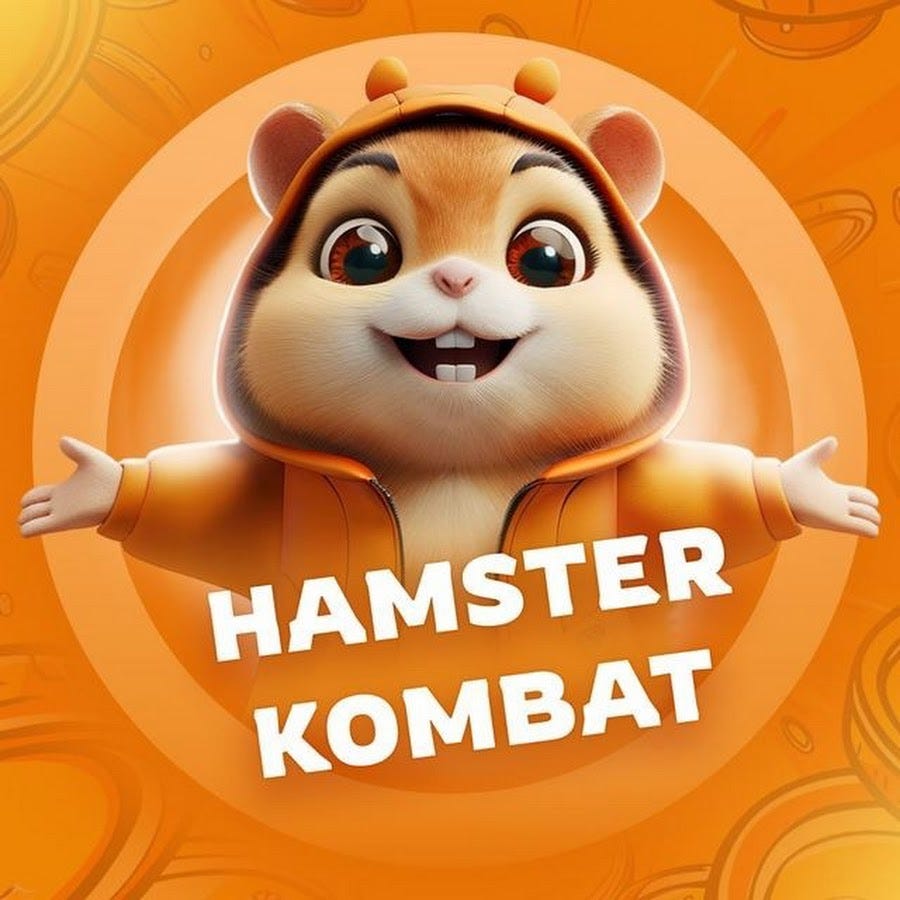 A terrifying cartoon hamster coming in for a hug with the words Hamster Kombat written over it.