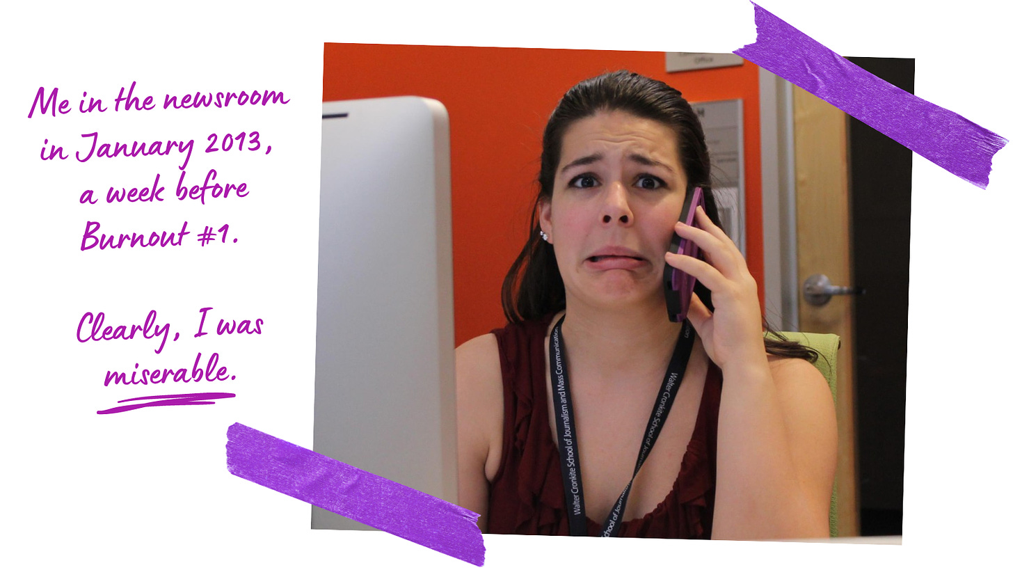 A snapshot of a younger Chloe at her desk in her college newsroom, looking terrified and distraught while speaking on a purple cell phone. The photo appears to be attached with two strips of purple tape. Next to the photo are the following words, in purple handwriting: “Me, in the newsroom in January 2013, a week before burnout #1. Clearly, I was miserable.”