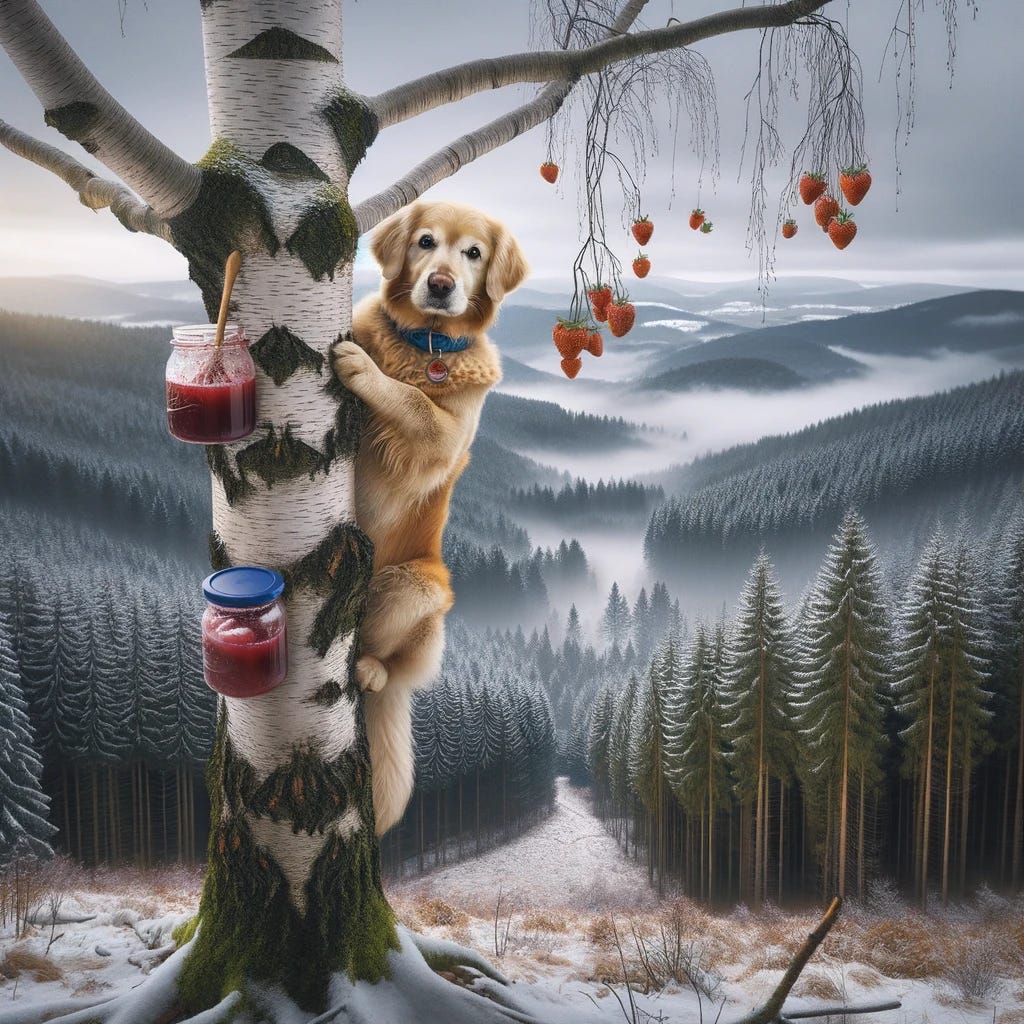 Photograph capturing a winter scene with the backdrop of rolling hills and a dense forest. In the forefront, there's a tall, leafless birch tree measuring approximately 12.5m. Surprisingly, a golden retriever, aged three and wearing a blue collar, is positioned a third of the way up the tree. The dog is amusingly engaged in the process of making strawberry jelly and is gazing straight into the camera with an endearing expression.