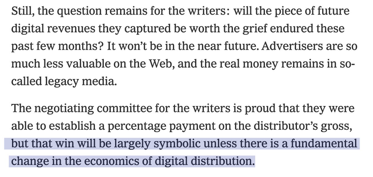 The negotiating committee for the writers is proud they were able to establish a percentage payment on the distributor's gross, but that win will be largely symbolic unless there is a fundamental change in the economics of digital distribution.