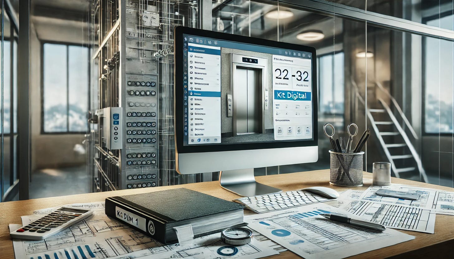 A workspace with a computer displaying a document management software interface, with papers and elevator maintenance tools nearby. In the background, a blurred image of an elevator system and technical diagrams. The scene emphasizes digital transformation in the elevator industry, showing how small businesses can manage documentation and compliance through technology. The environment conveys a professional setting where digital tools are being used to meet the ITC AEM 1 requirements with the help of solutions like the Kit Digital.