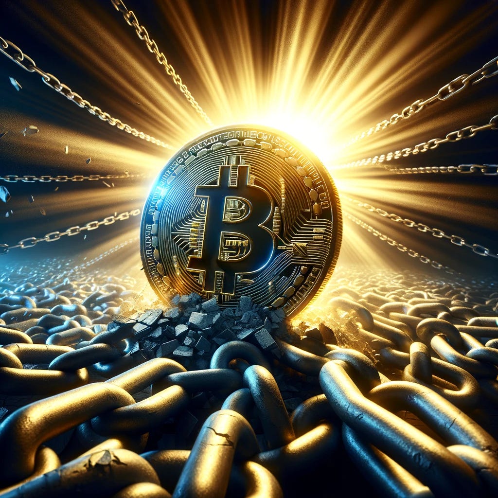 In a symbolic and metaphorical scene, depict Bitcoin as a radiant, golden coin emblazoned with the Bitcoin symbol, breaking through thick, oppressive chains. These chains represent centralized government overreach and are depicted as cold, grey, and heavy. The background is a dramatic contrast of darkness and light, symbolizing the struggle between decentralization and central control. The scene is charged with a sense of triumph and liberation, as the Bitcoin coin shines brightly, emanating rays of hope and freedom.