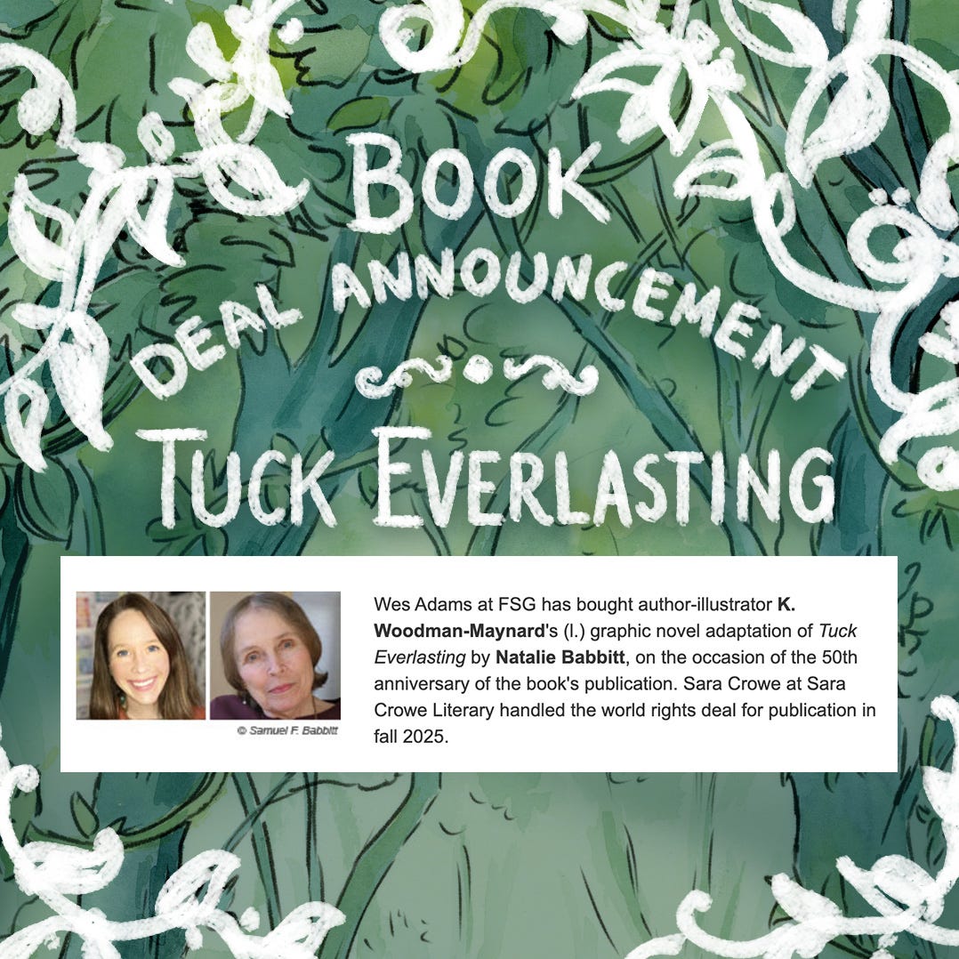 Book deal announcement for Tuck Everlasting: The Graphic Novel by Natalie Babbitt and K. Woodman-Maynard