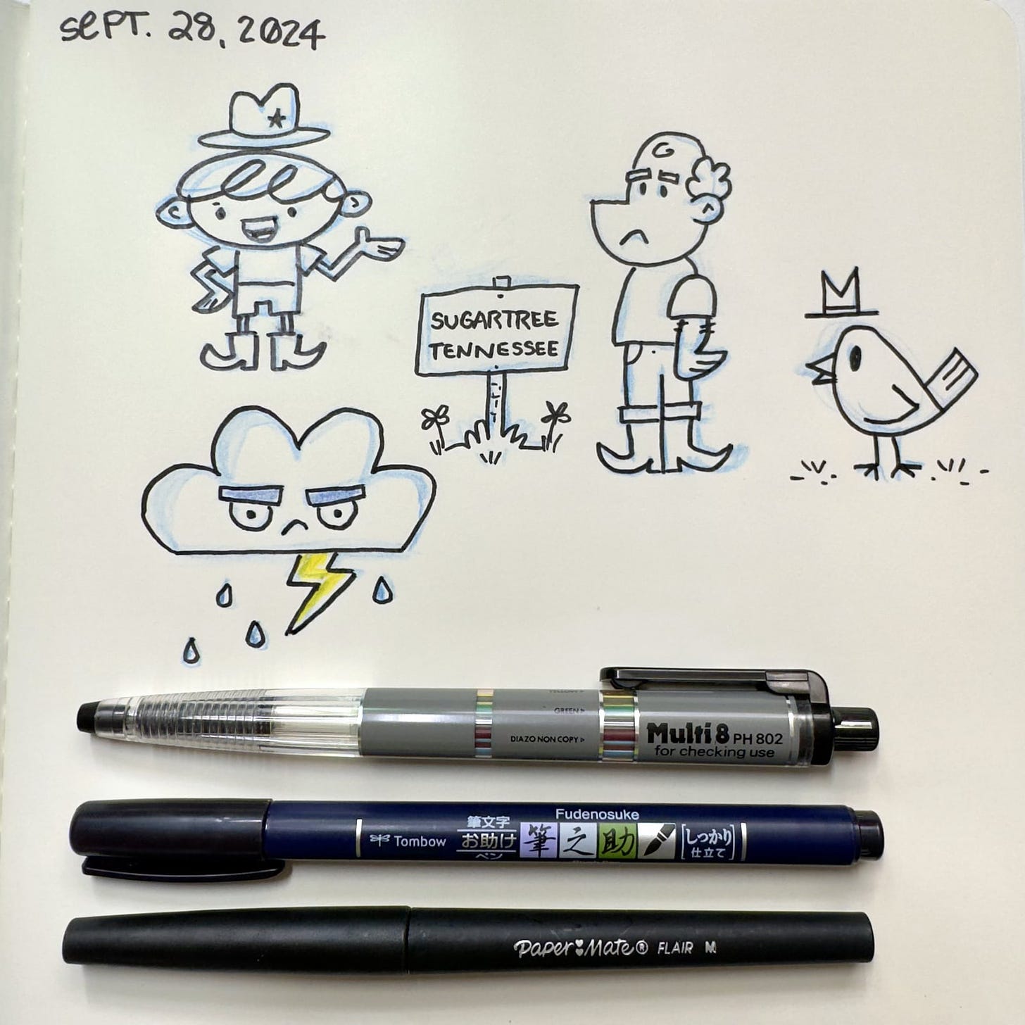 a photo of a sketchbook page with cartoon sketches and three pens laying on the page at the bottom