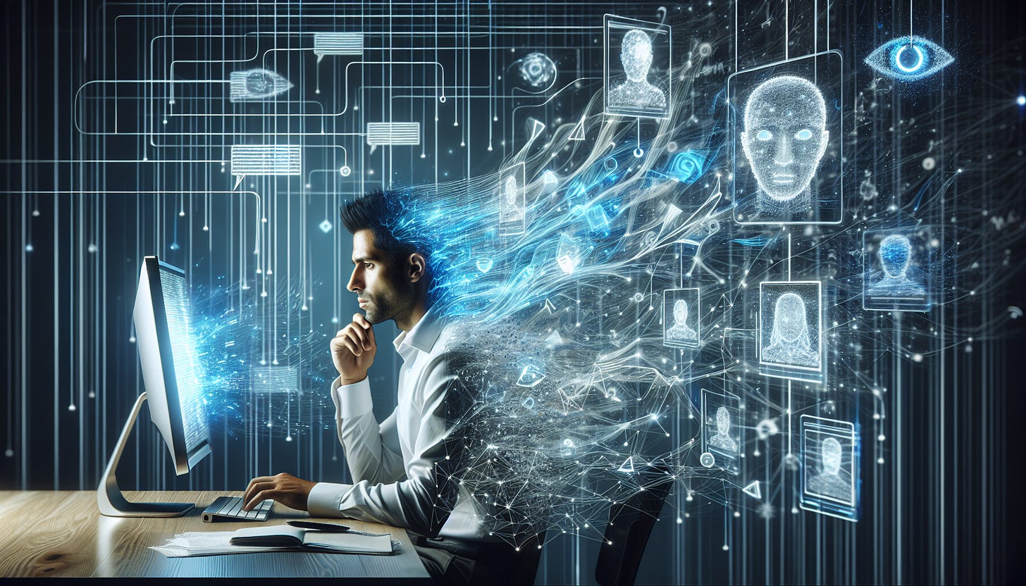 A digital illustration showing a person sitting at a desk with a computer, surrounded by a web of digital connections and data streams. The scene conveys a sense of vulnerability, with glowing data lines symbolizing personal information flowing from the computer into a vast digital space. The background features abstract representations of AI symbols like chat bubbles and digital eyes, suggesting different AI assistants. The person looks concerned, embodying the theme of data privacy and the risks associated with sharing personal information online. The artwork adopts a modern, clean aesthetic with a focus on digital elements, rendered predominantly in blues and whites to reflect a futuristic and technological atmosphere.