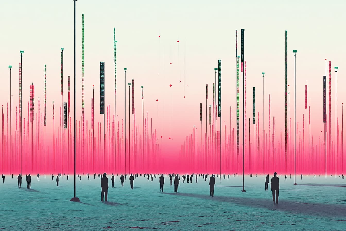Illustration of a futuristic city skyline dominated by towering AI data centers, glowing with neon circuitry patterns, as rivers of digital code flow through the streets like liquid light