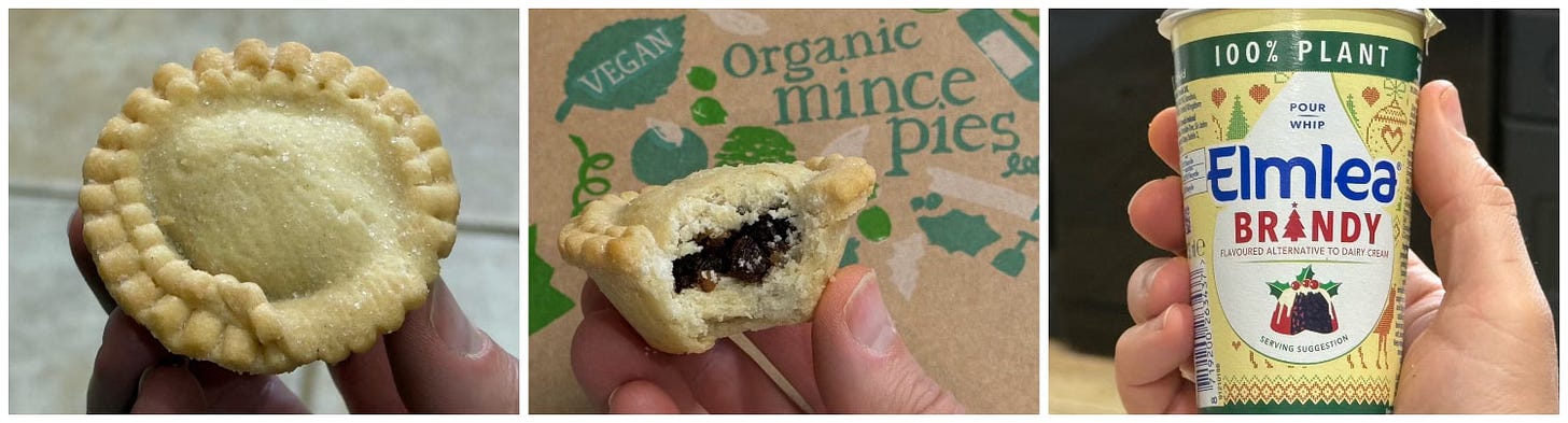 A montage of a vegan mince pie and a pot of cream.