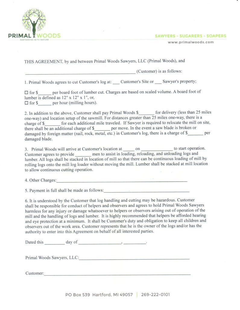 Primal Woods Sawyers Sawmill Service Contract Form