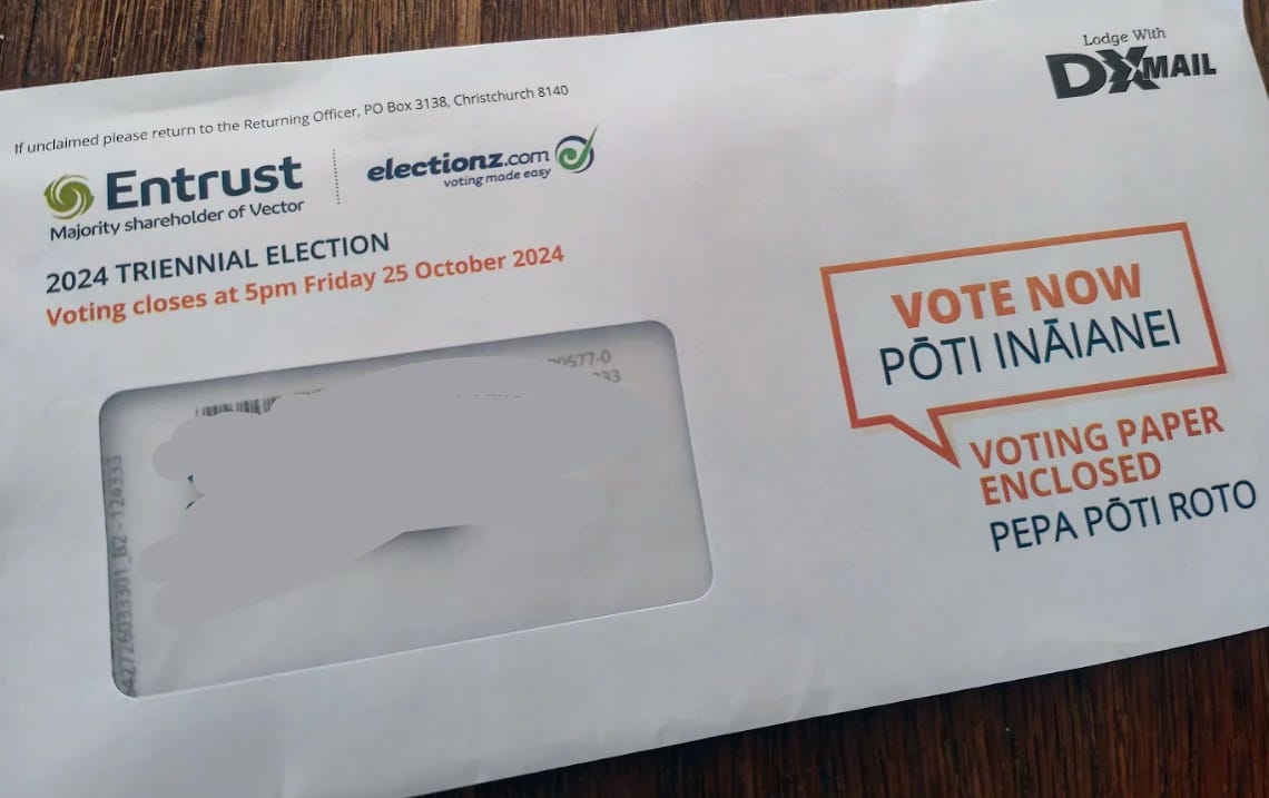 A photo of an Entrust election envelope in the mail.