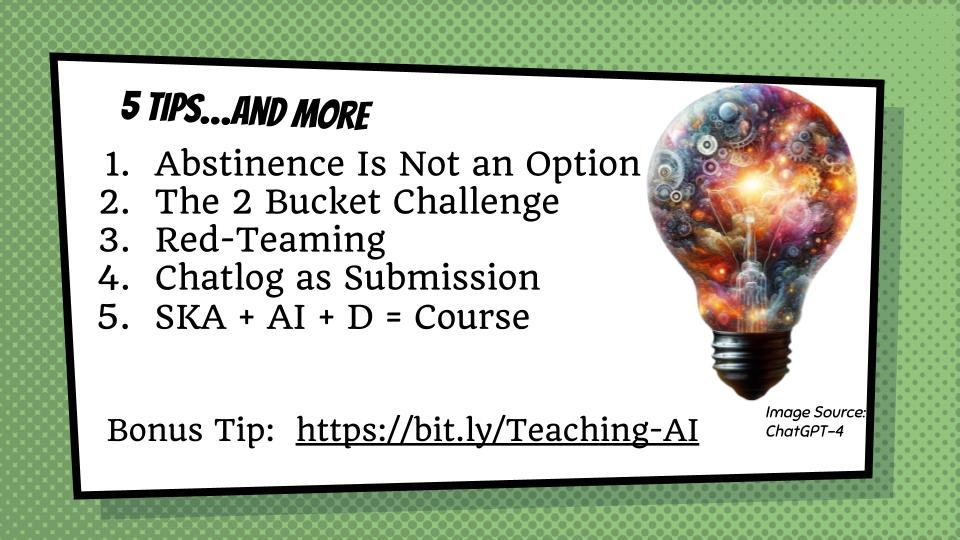 A slide from 5 Tips for Using Generative AI with Students that includes the outline of the tips including Abstinence Is Not an Option, The 2 Bucket Challenge, Red-Teaming, Chatlog as Submission and SKA + AI + D = Course along with Bonus Tip:  https://bit.ly/Teaching-AI 