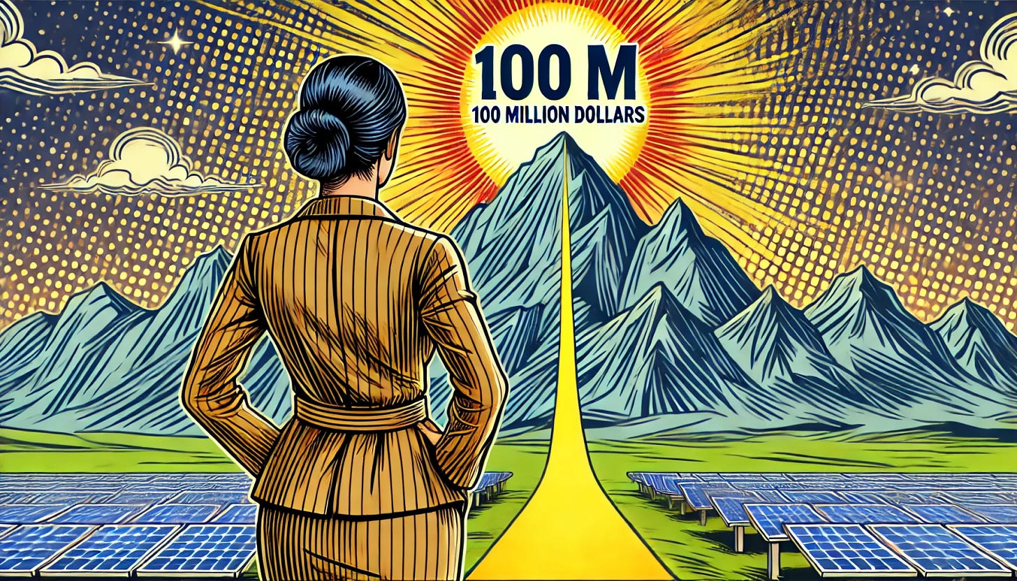 A pop-art style illustration featuring a woman seen from the back with a more neutral, professional posture, facing a mountain path that leads upwards. At the top of the mountain, the text '100 M' is prominently displayed, symbolizing 100 million dollars. The background should resemble a futuristic, tech-driven journey towards innovation, but without solar panels or overly futuristic elements. The overall style should remain vibrant and aligned with pop-art aesthetics.