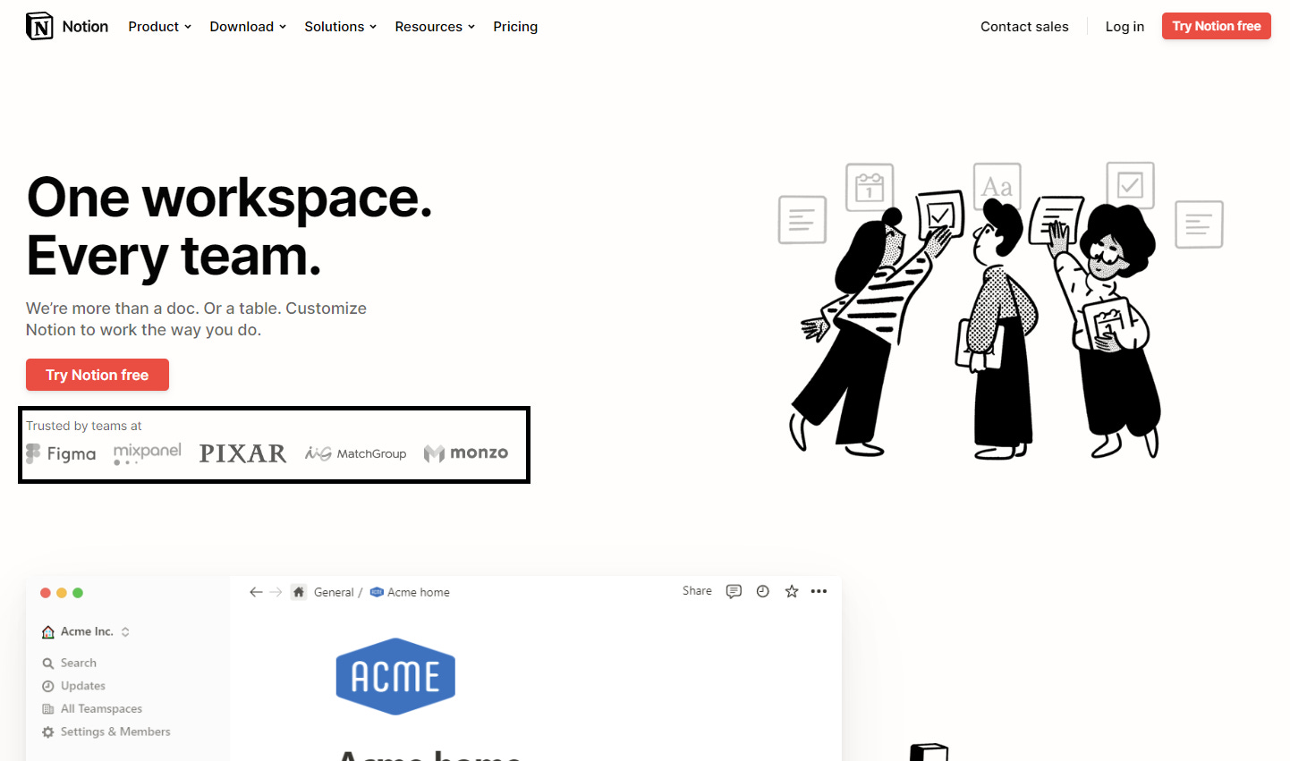 The homepage of notion.com, which has a set of logos immediately underneath their call to action from companies such as “Pixar”.