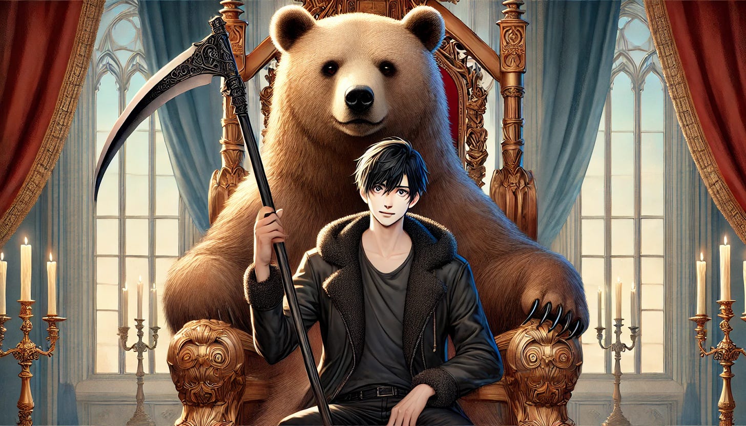 A bear and a pale 24-year-old man with black hair holding a scythe, both sitting on a grand throne. The throne is elaborately designed, conveying a sense of power and mystery. The bear appears friendly and regal, while the young man has a calm, enigmatic expression. The background is majestic, with elements hinting at a mystical setting. The image is in an aspect ratio of 5:3.