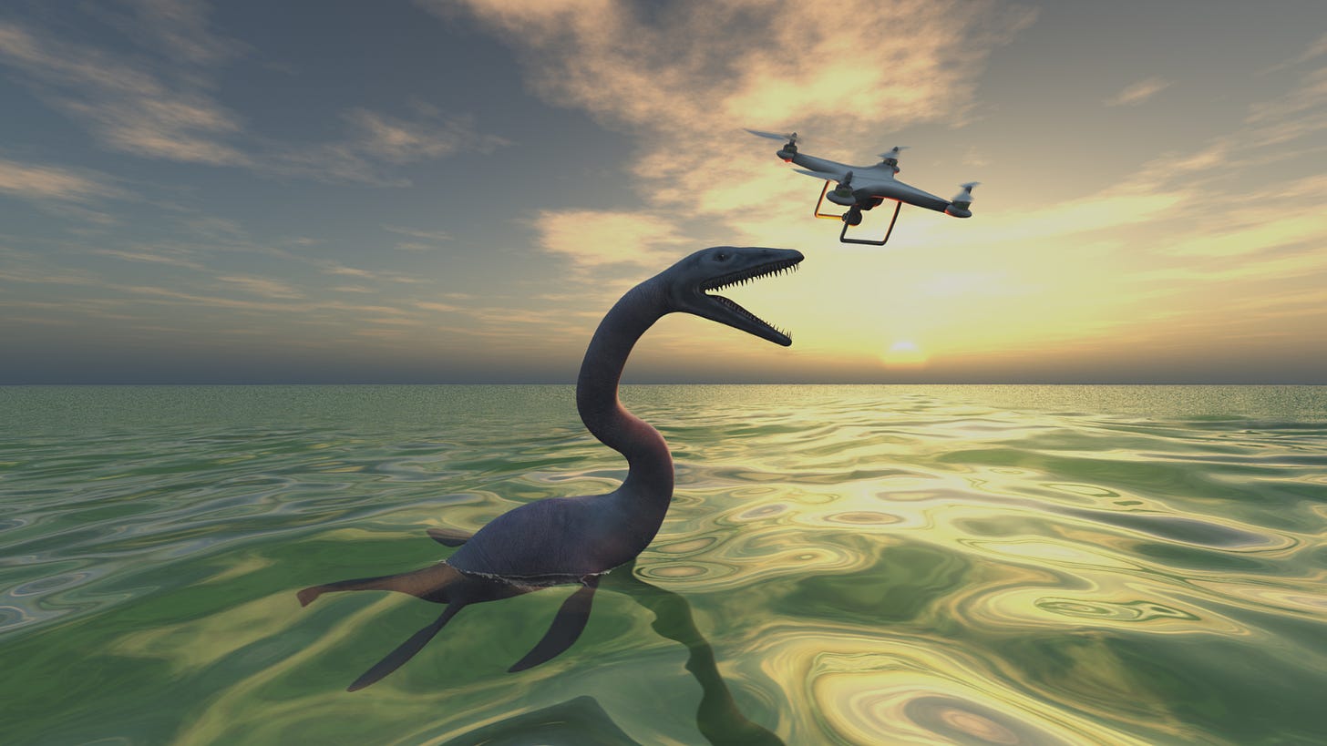 image of a lake monster trying to bite a small aircraft