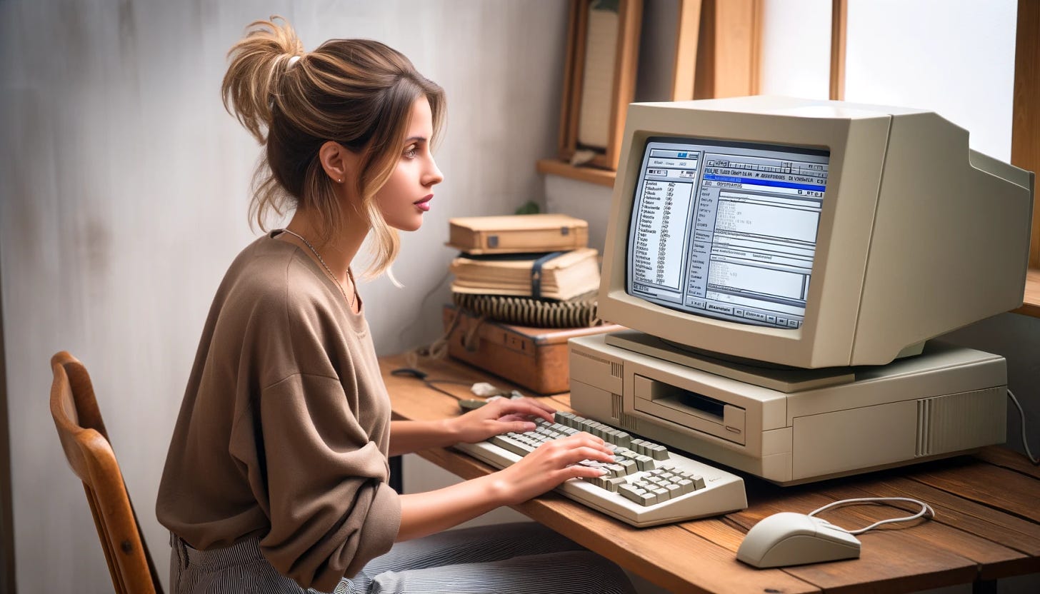 A young woman with medium length blonde hair, sitting at an old desktop computer from 23 years ago, which would be around the year 2000. She is intently focused on creating a blog post. The computer should have a bulky CRT monitor, a keyboard, and a mouse. The setting is a simple home office with minimal decor. The woman is dressed in casual attire typical of the early 2000s, in a wider aspect to capture more of the surrounding environment.