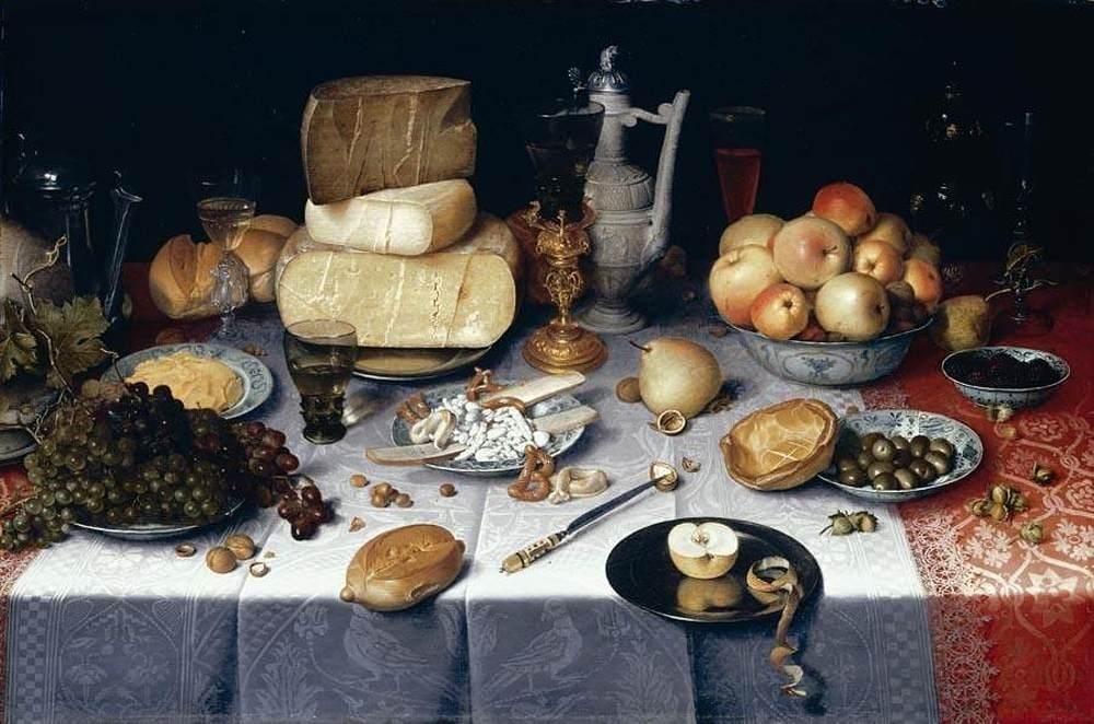 Still Life with Cheese, a famous food painting by Dutch artist Floris Claesz. van Dijck.
