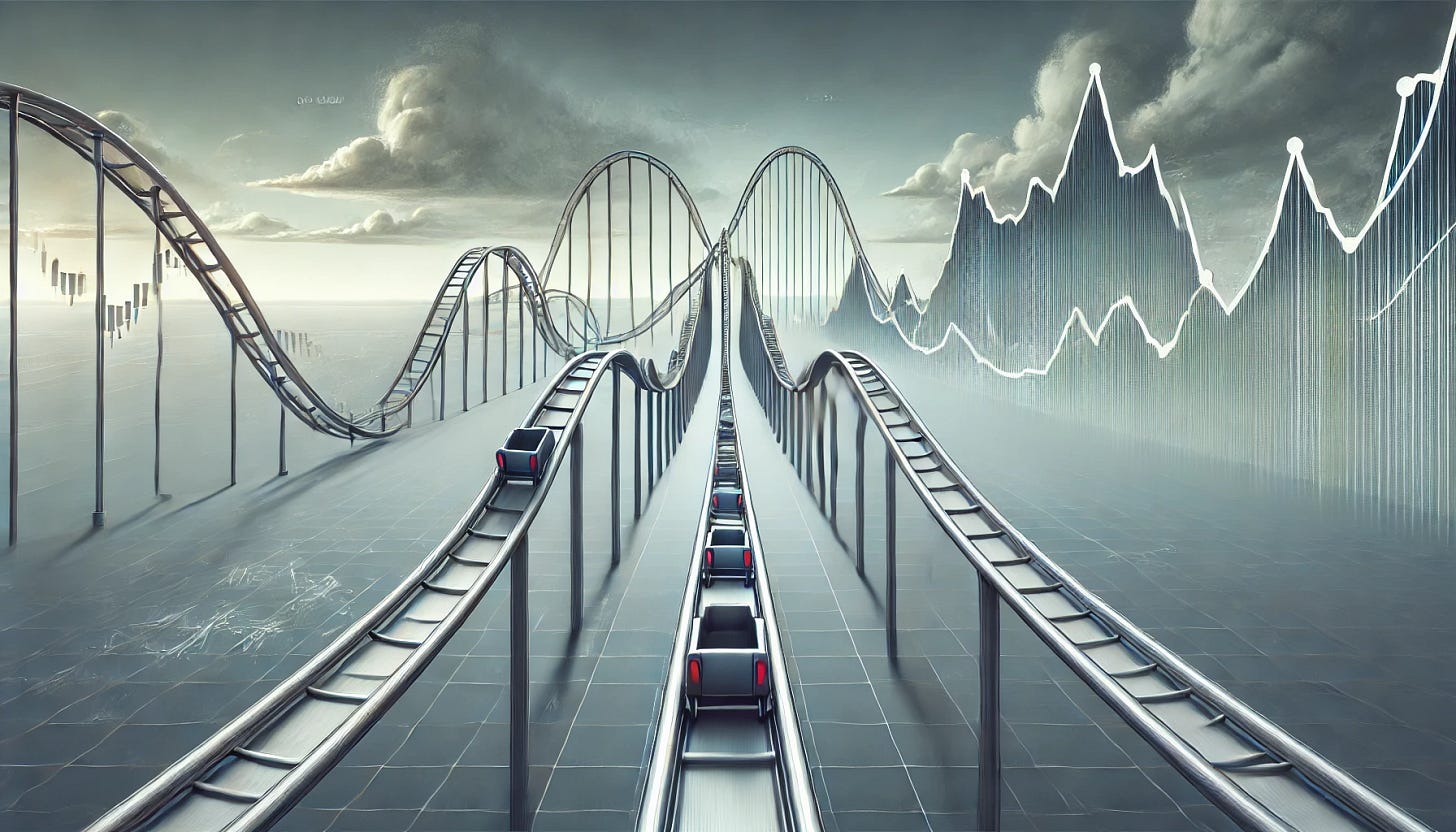 A conceptual illustration of the ups and downs of the market as a roller coaster, with an elongated track stretching prominently along the horizontal axis to emphasize time and market trends. The roller coaster track resembles a stock market graph with steep climbs and drops, and the cars are empty to focus on the metaphor. The color scheme is subdued, with shades of gray and muted blues to create a serious tone. The background includes a cloudy sky with a mix of light and shadow, symbolizing uncertainty. The overall style is modern and clean, with a broader focus on the horizontal dynamics.