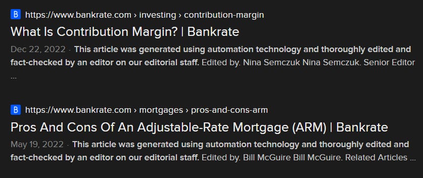 A screenshot of a search in DuckDuckGo of some bankrate articles that have the AI disclaimer