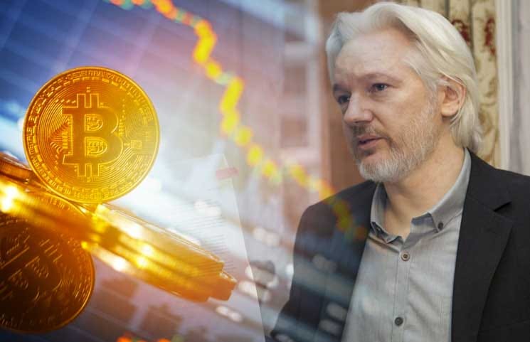 Gold coins emblazoned with the Bitcoin logo are superimposed on a photograph of Julian Assange speaking.