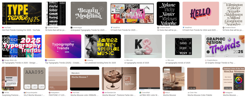 Collage of search results featuring mocha tones and more colorful screenshots with either artful or legible typography in purple, white, and yellow.
