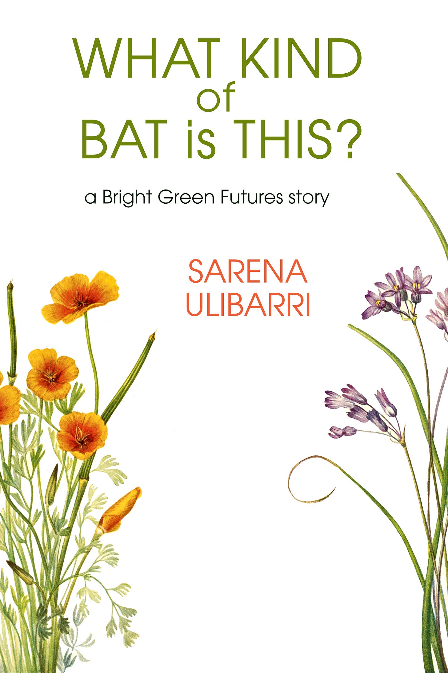 white cover with illustrated botanical drawings of flowers: What Kind of Bat is This? by Sarena Ulibarri