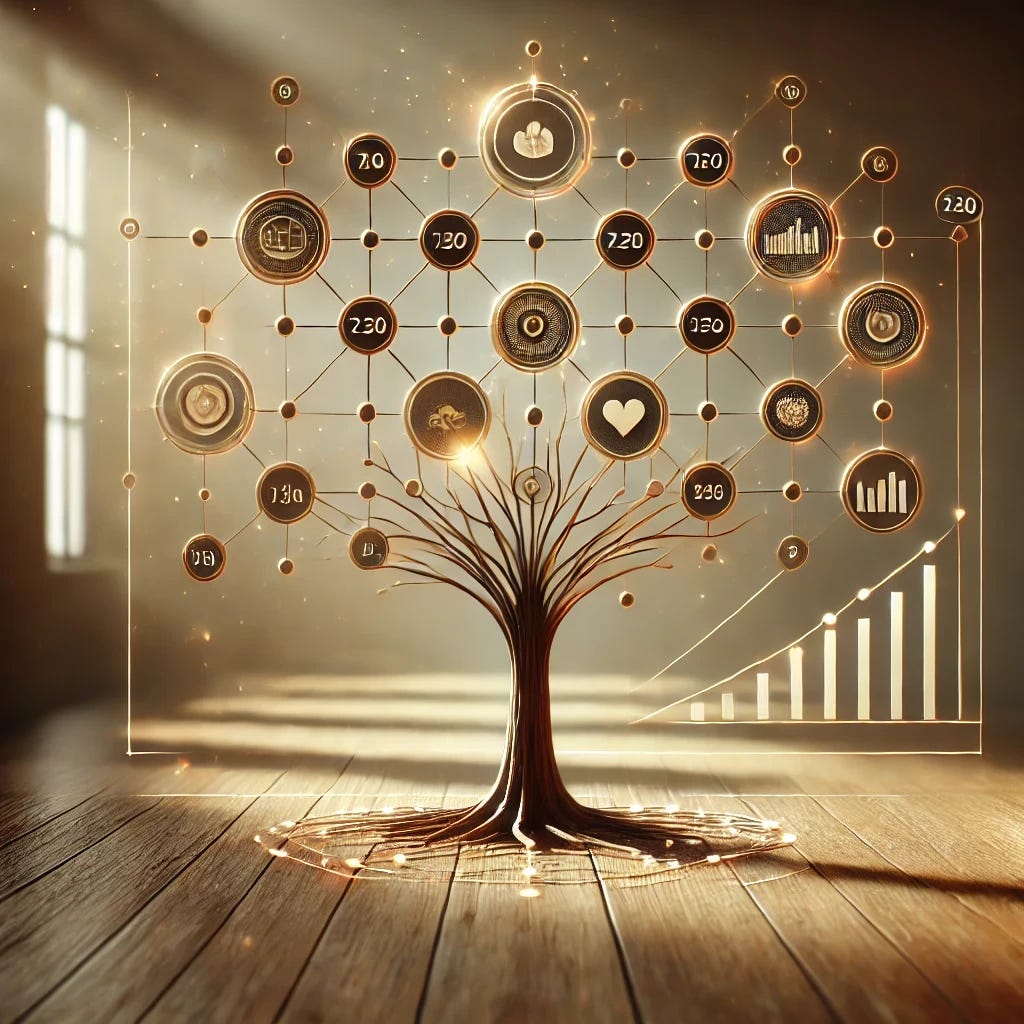 A visually clear representation of a KPI tree concept. In the center, there is a tree with nodes connected by lines, representing various metrics. The tree structure starts with high-level goals at the top and branches out into smaller, actionable sub-metrics. The scene is captured with a Canon TS-E 17mm f/4L Tilt-Shift lens for a wide-angle view, set at f/8 for moderate depth of field, with a shutter speed of 1/250s and an ISO of 200 for a clear, well-lit image. The image has a warm white balance and high contrast to highlight the tree structure and create visual engagement. The background is minimalistic, ensuring the focus remains on the tree and its branching nodes, without any text.