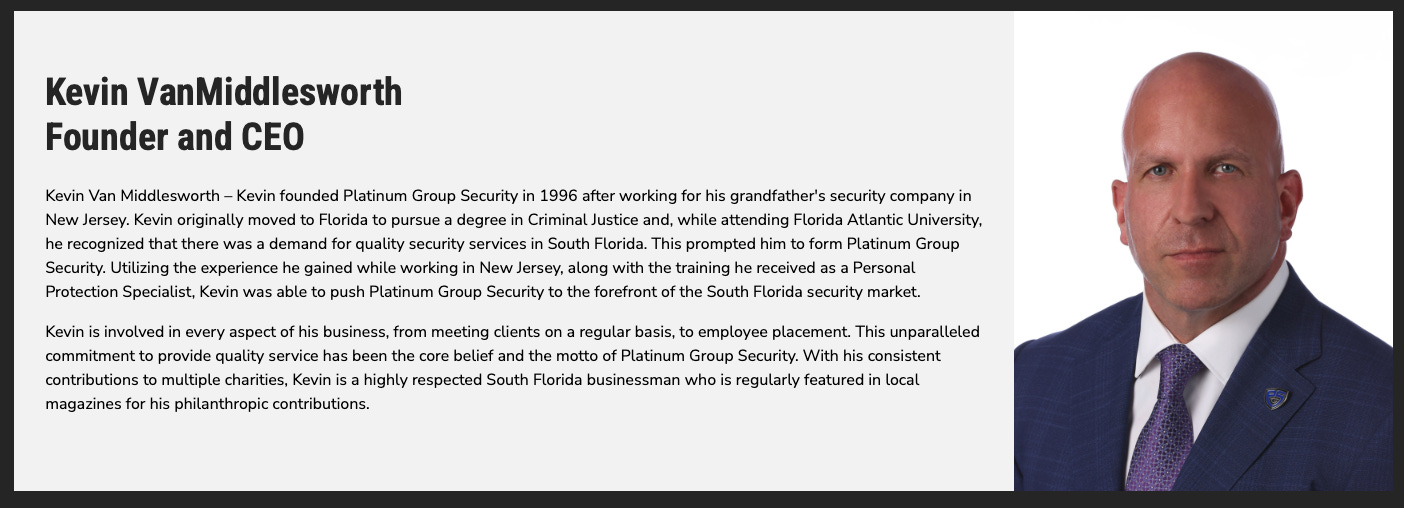 A screenshot of Kevin VanMiddlesworth's bio. He is a serious-looking man with a large, shaved head.