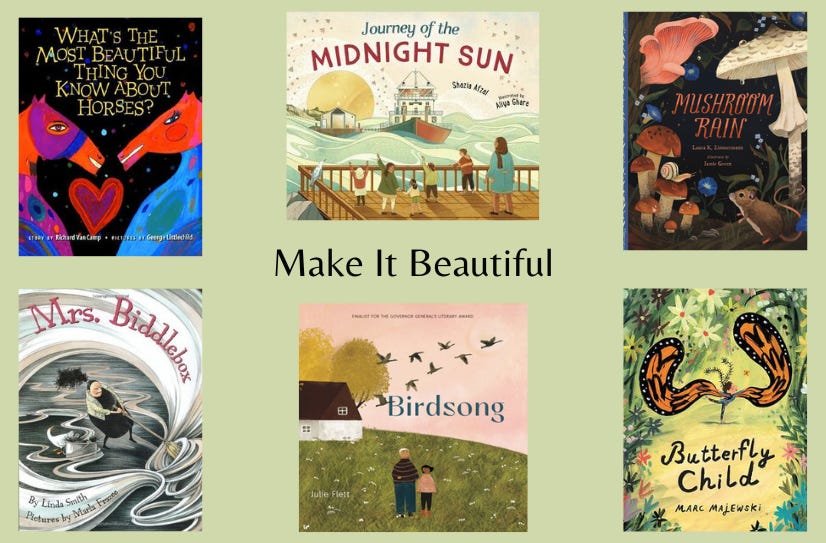 Covers of the six listed books surrounding the text ‘Make It Beautiful’ on a light green background.