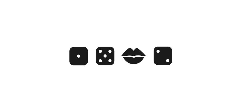 row of four black and white icons, three dice and a lipstick kiss