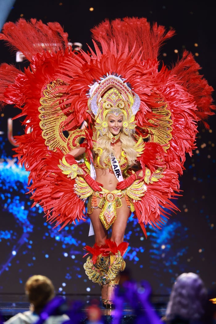 Miss Denmark 2024 walks in the National Costume Contest.