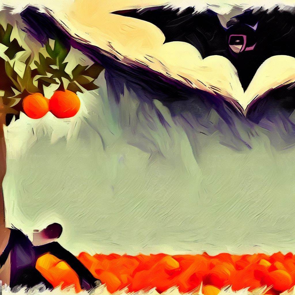 orange trees, suicide, and the fear of batman in the style of a painting