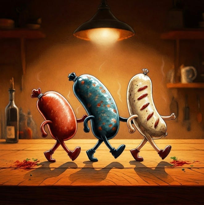 Three different sausages strutting under a spotlight