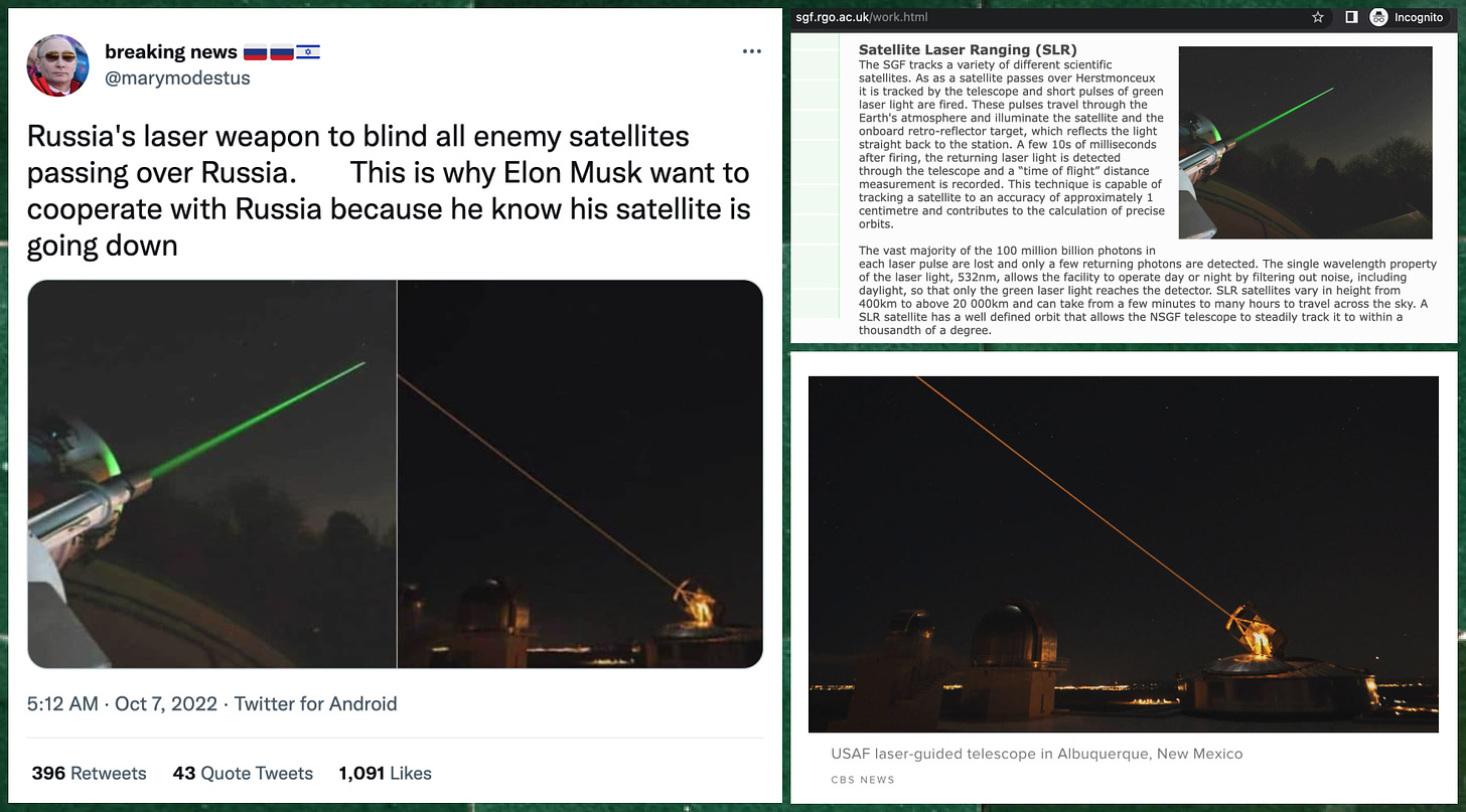 screenshot of @marymodestus's tweet and screenshots showing that one image shows a piece of UK satellite tracking equipment and the other shows a US telescope