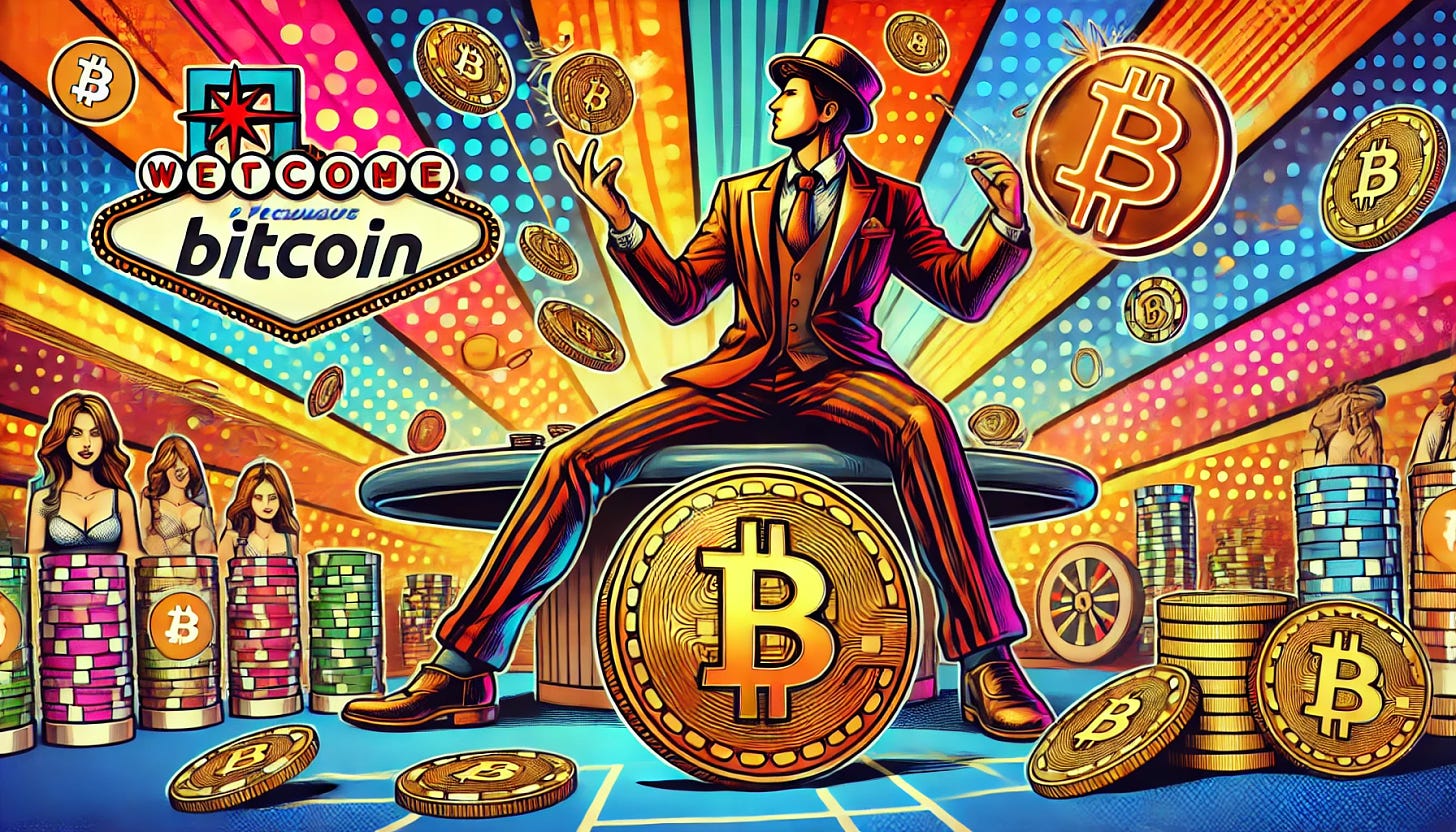 A vibrant pop-art style illustration featuring a person doubling down on a bet with Bitcoin symbols around, on a casino table. The background is dynamic with bright colors and abstract shapes to signify the high stakes and excitement of cryptocurrency investments. The scene is bustling with energy, highlighted by bold, exaggerated features typical of pop-art. The setting includes large stacks of digital coins and a large, glowing Bitcoin sign, emphasizing the focus on Bitcoin investments, in a 16:9 format.