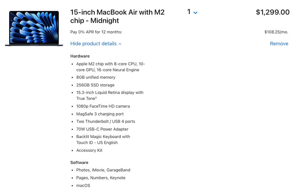 Minimal configuration of Apple MacBook Air 15" M2