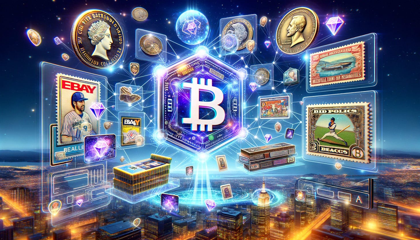 A digital collage showcasing eBay's innovative strategy of tokenizing physical collectibles for a digital future. The image features a virtual world representing a digital marketplace, with glowing, holographic representations of various collectibles like baseball cards, rare stamps, and other memorabilia. These items are depicted as floating in a digital space, each with a unique, shimmering digital token attached, symbolizing their blockchain identity. The background is a futuristic cityscape, illustrating the concept of a digital bridge between traditional collectibles and blockchain technology. The atmosphere is vibrant, modern, and digital, capturing the essence of a high-tech trading and investment platform.