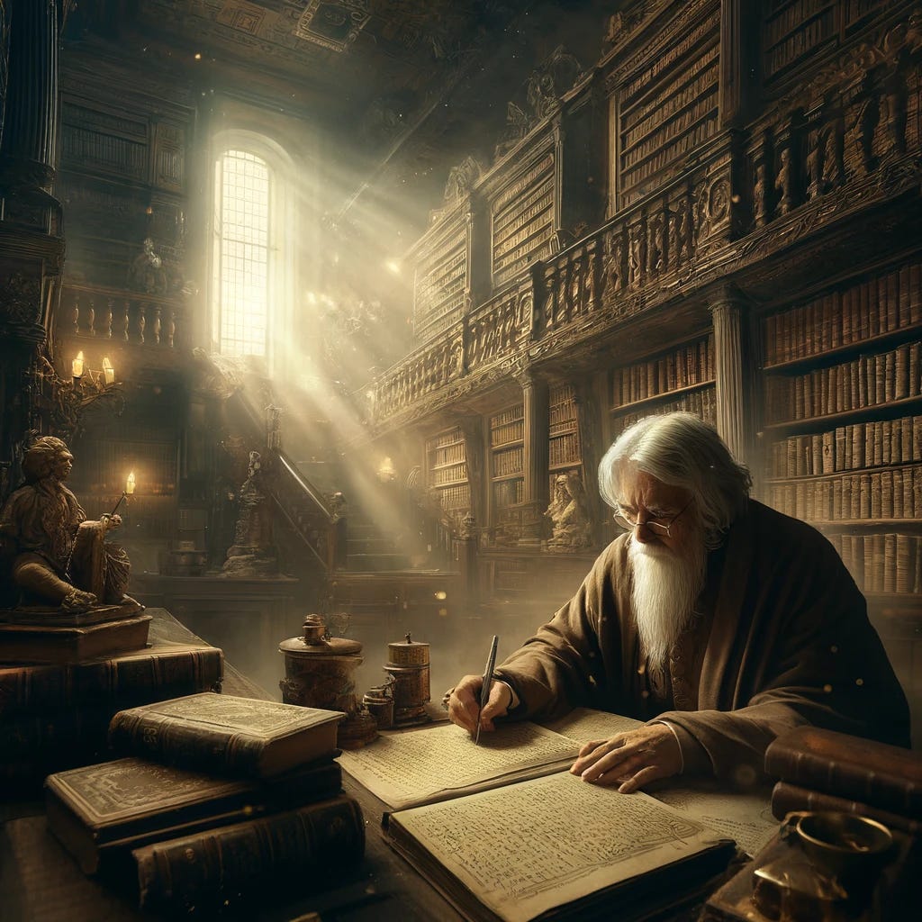 An artistic interpretation of the philosophical concept of the closure principle in epistemology. The image should depict an elderly scholar in a classic library setting, surrounded by ancient books and manuscripts. The scholar, deep in thought, is writing notes. The ambiance is moody with soft, ambient light illuminating the room, highlighting the intricate woodwork of the library and the dust motes in the air. The scene should evoke a sense of deep contemplation and the pursuit of knowledge, with an emphasis on the timeless quest for understanding. The image should be detailed, with a realistic style, capturing the texture of the books and the thoughtful expression of the scholar.