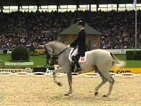 A screen capture from a video of a horse dressage video. The horse stands with one front leg up in front of a large stadium audience.
