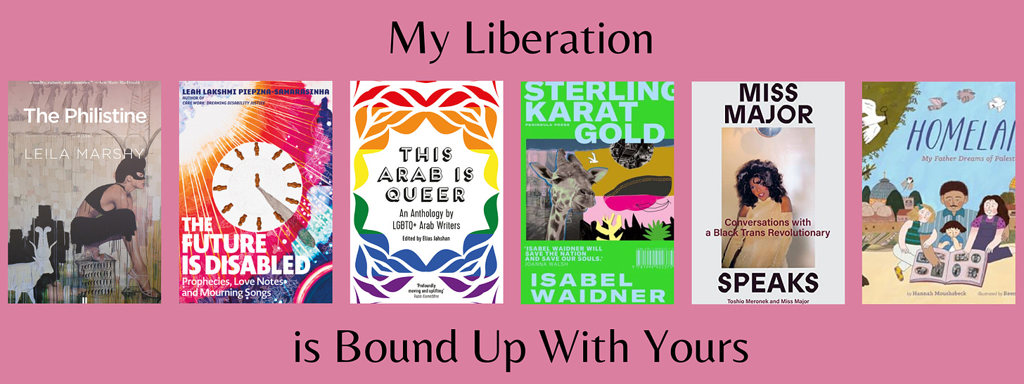 Small cover images of the six listed books above the text ‘My Liberation is Bound Up With Yours’ on a pink background.
