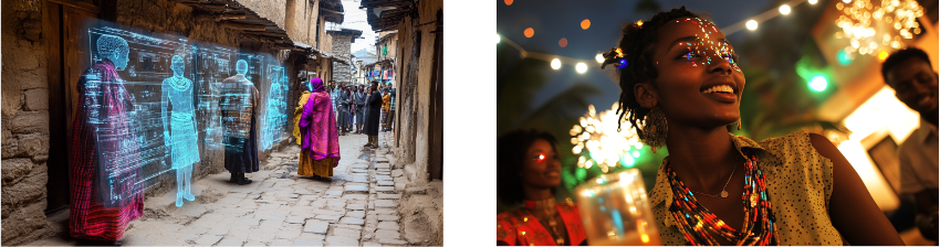 The image contrasts two vibrant scenes: on the left, a futuristic display in a rustic alley where people interact with glowing blue holograms, blending traditional and high-tech elements in a striking cultural juxtaposition. On the right, a joyful nighttime celebration featuring a smiling woman adorned with colorful lights and beads, surrounded by warm lighting and festive decorations, capturing a lively and modern social atmosphere. Both scenes explore the fusion of tradition with contemporary, highlighting the vibrancy of cultural evolution.