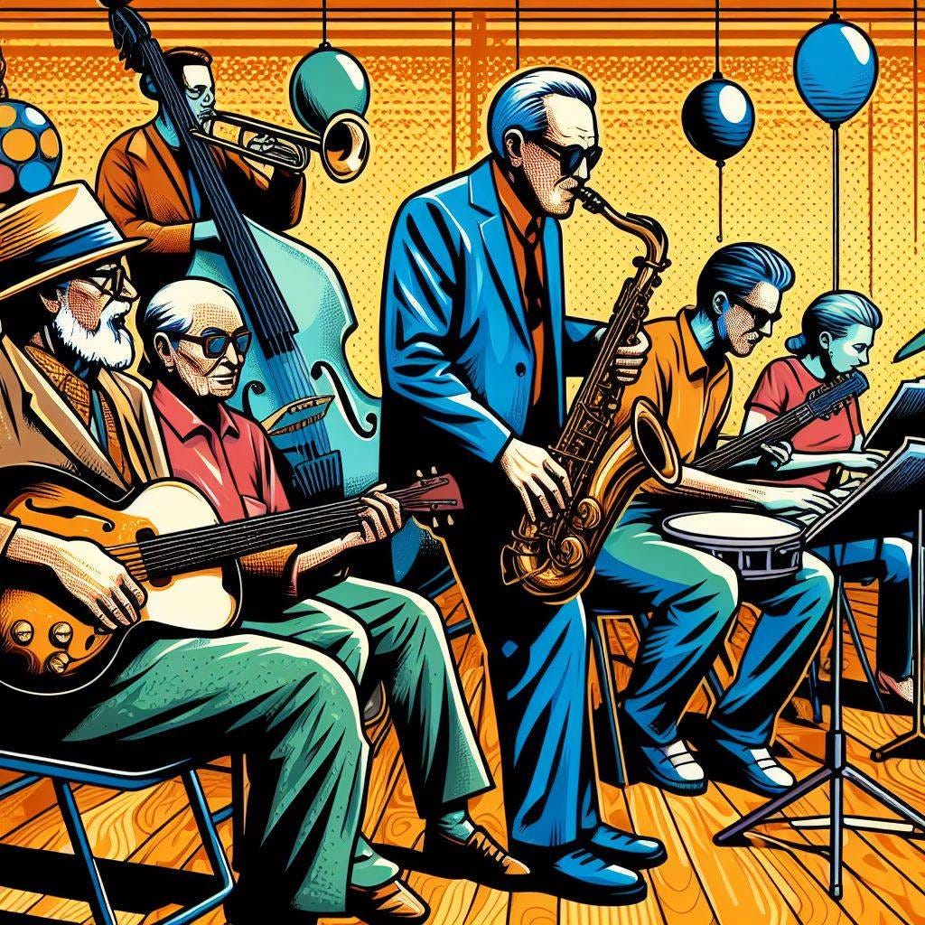 Jazz and blues band practice for seniors pop art