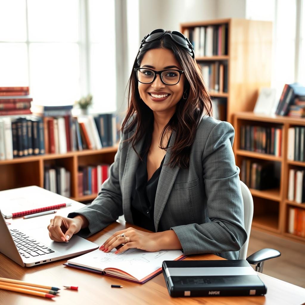 Woman wearing glasses, dressed in business attire, sitting at a desk covered in books and technology, in front of bookshelves